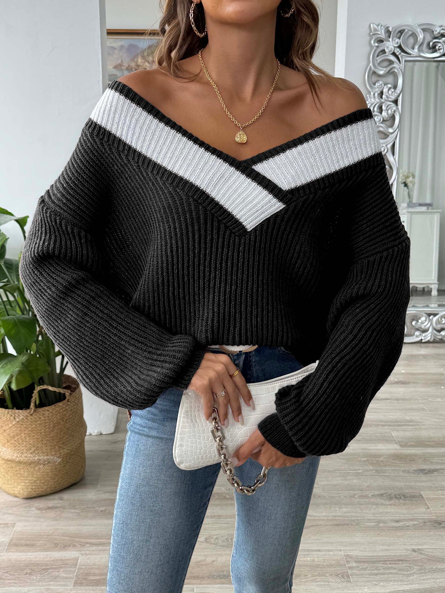 Ivyshape | Women's Long Sleeve Contrast Sweater with Dropped Shoulders