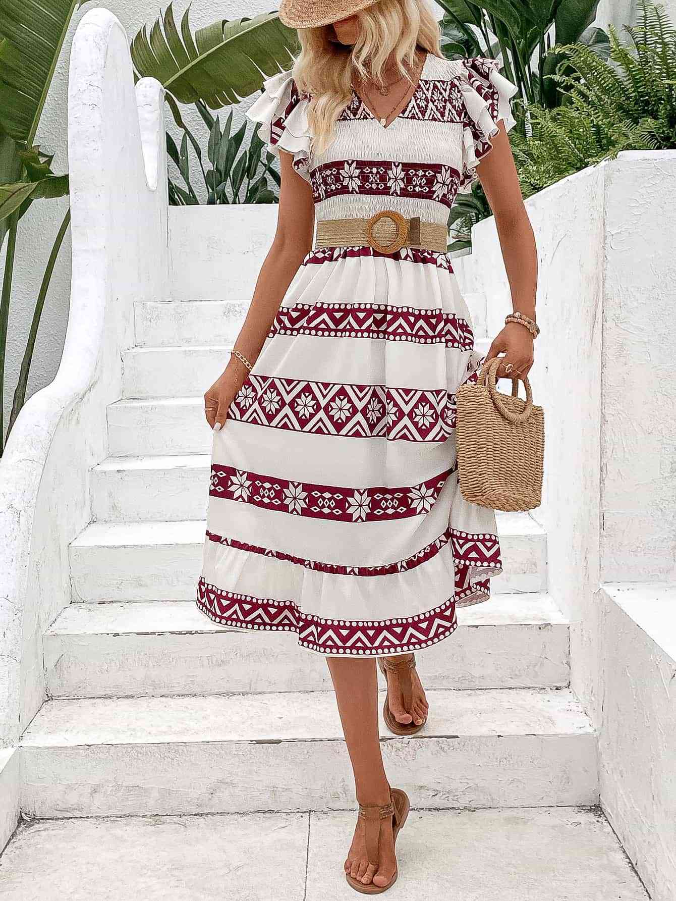 Printed V-Neck Smocked Flutter Sleeve Dress