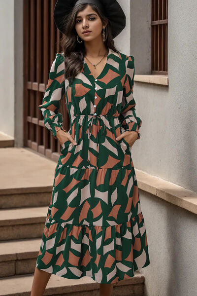 Printed Tied Pocketed Lantern Sleeve Dress