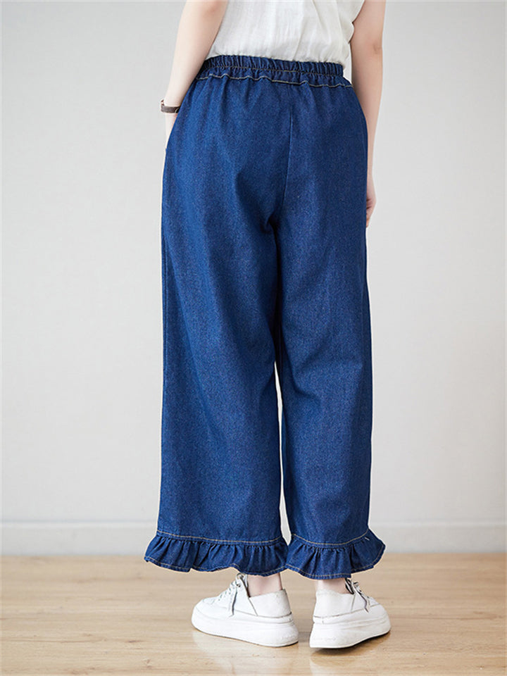 Ruffled Leg Cuff Blue Straight Leg Jeans