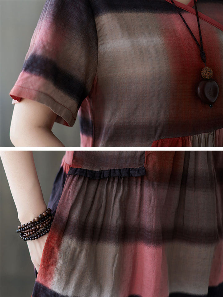 Stylish Contrast Color Plaid Dress for Women