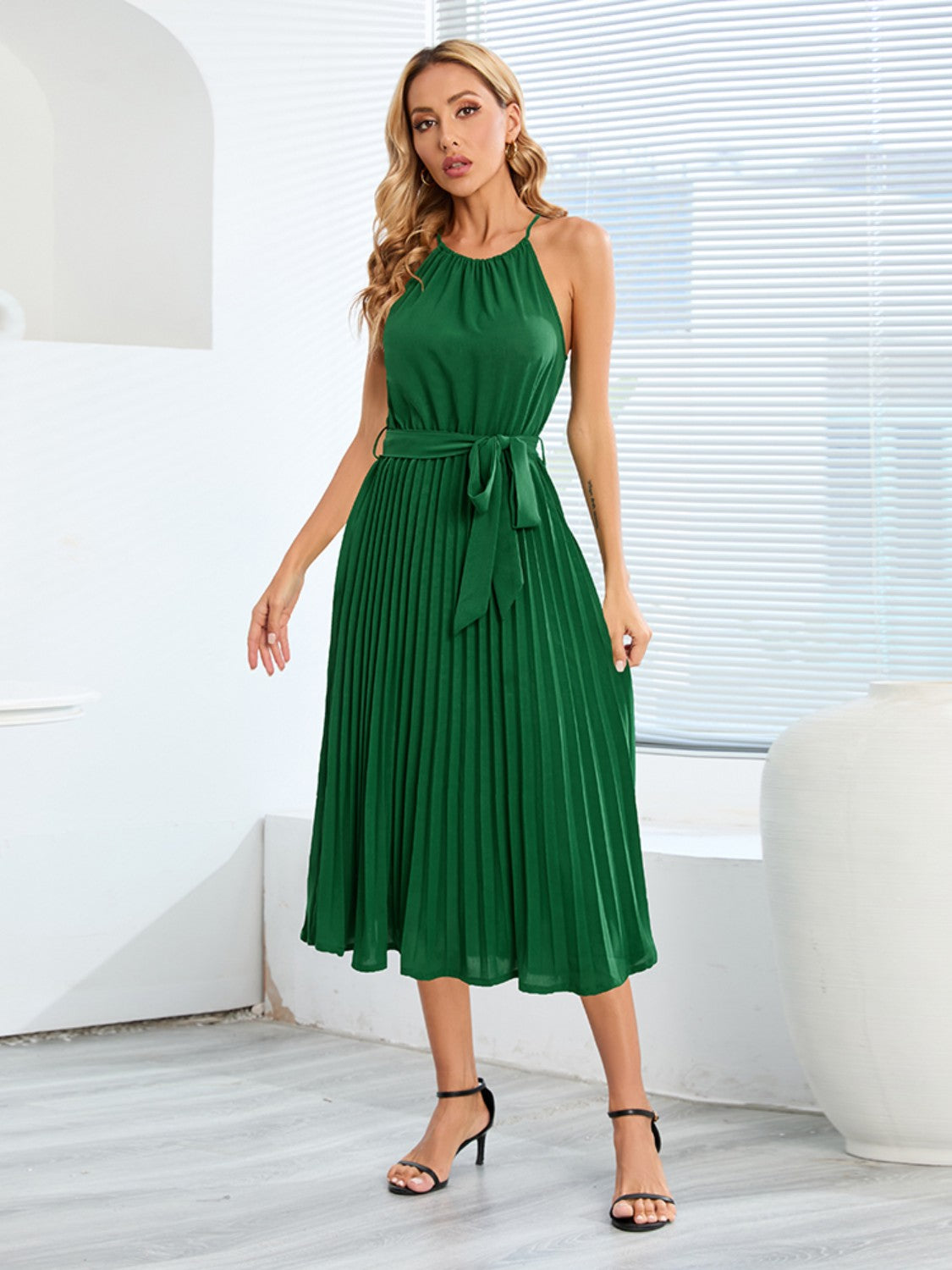 Ivyshape | Pleated Spaghetti Strap Tie Waist Midi Dress