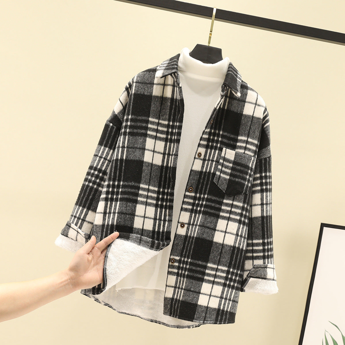 Ivyshape | Woolen Cardigan Coat Fleece Plaid Shirt Women