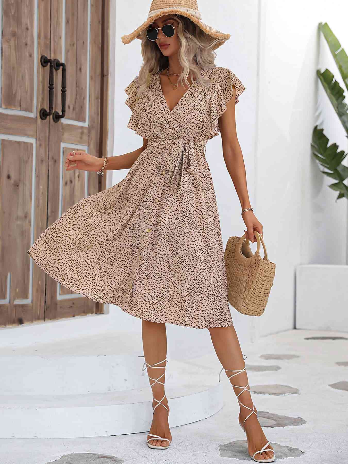 Printed Tie Waist Surplice Neck Dress