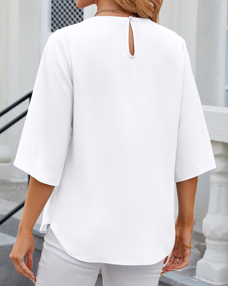 Ivyshape | Pleated Neckline Half-Sleeve Blouse