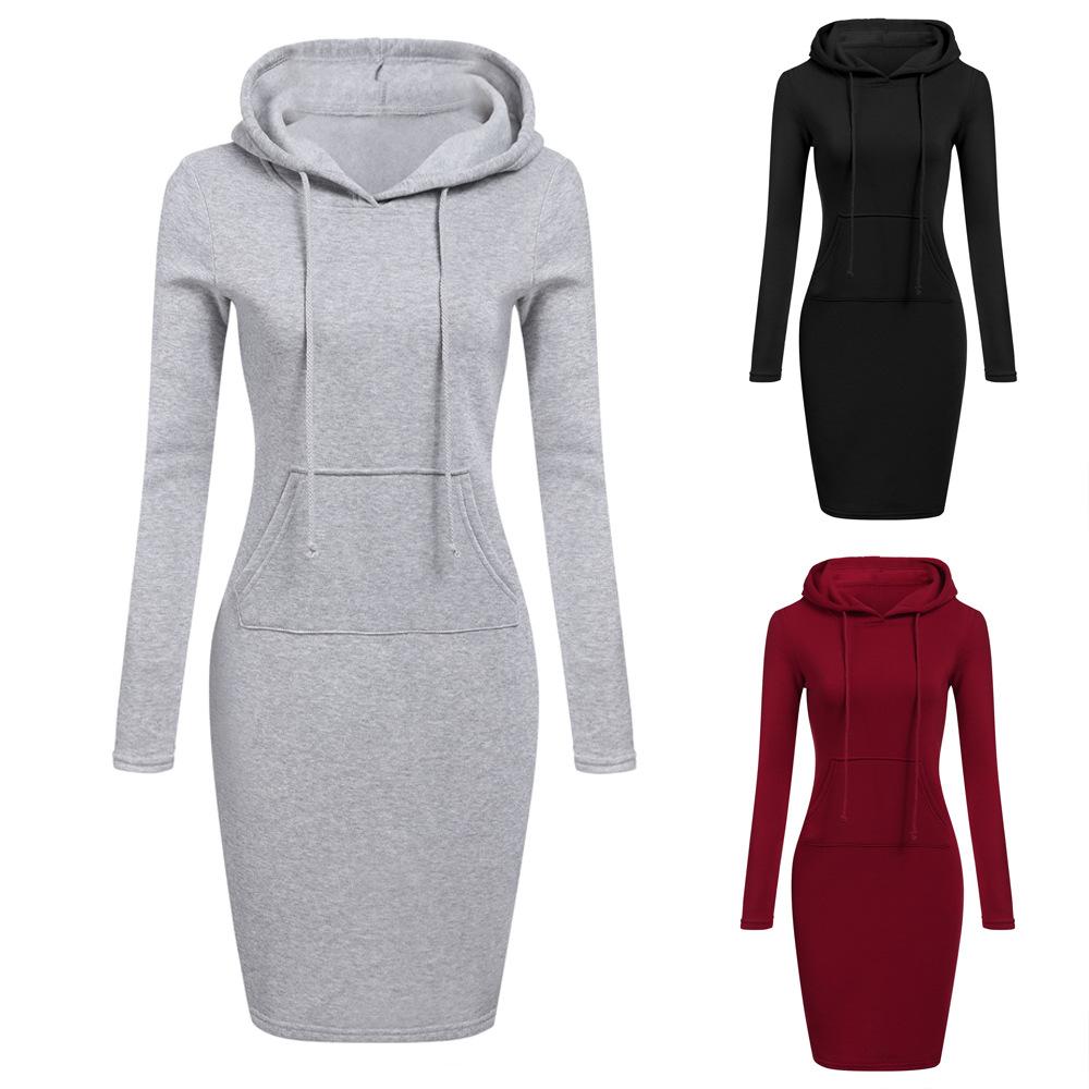 Women Stripes Pocket Knee Length Slim Casual Pullover Hoodie Dress