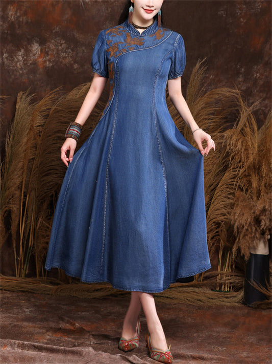 Retro Neckline Embroidery Mid Length A-Line Denim Dress