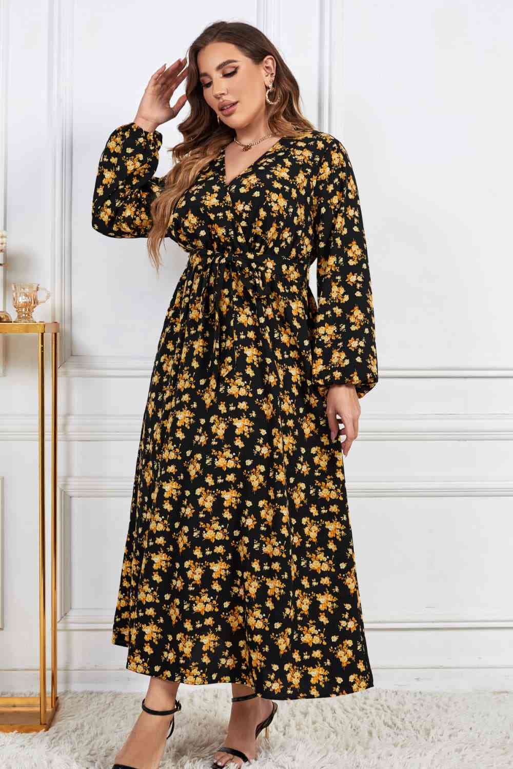 Melo Apparel Plus Size Floral Surplice Neck Long Sleeve Dress