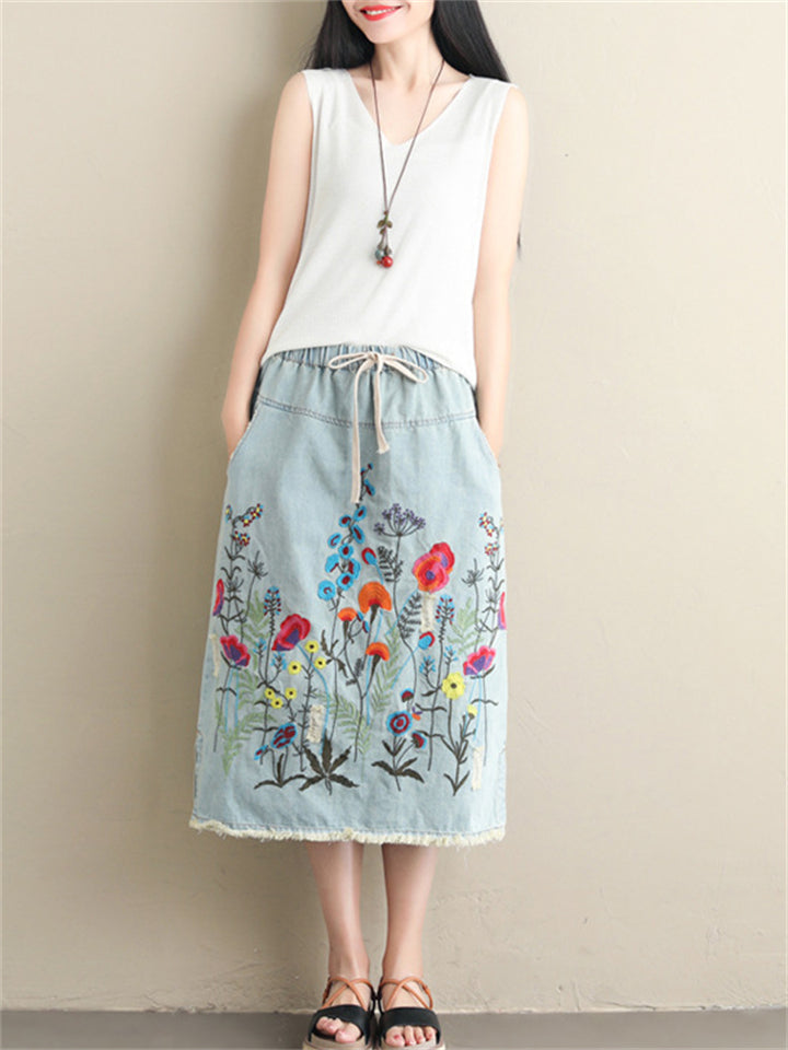 Denim Embroidery Long Skirts