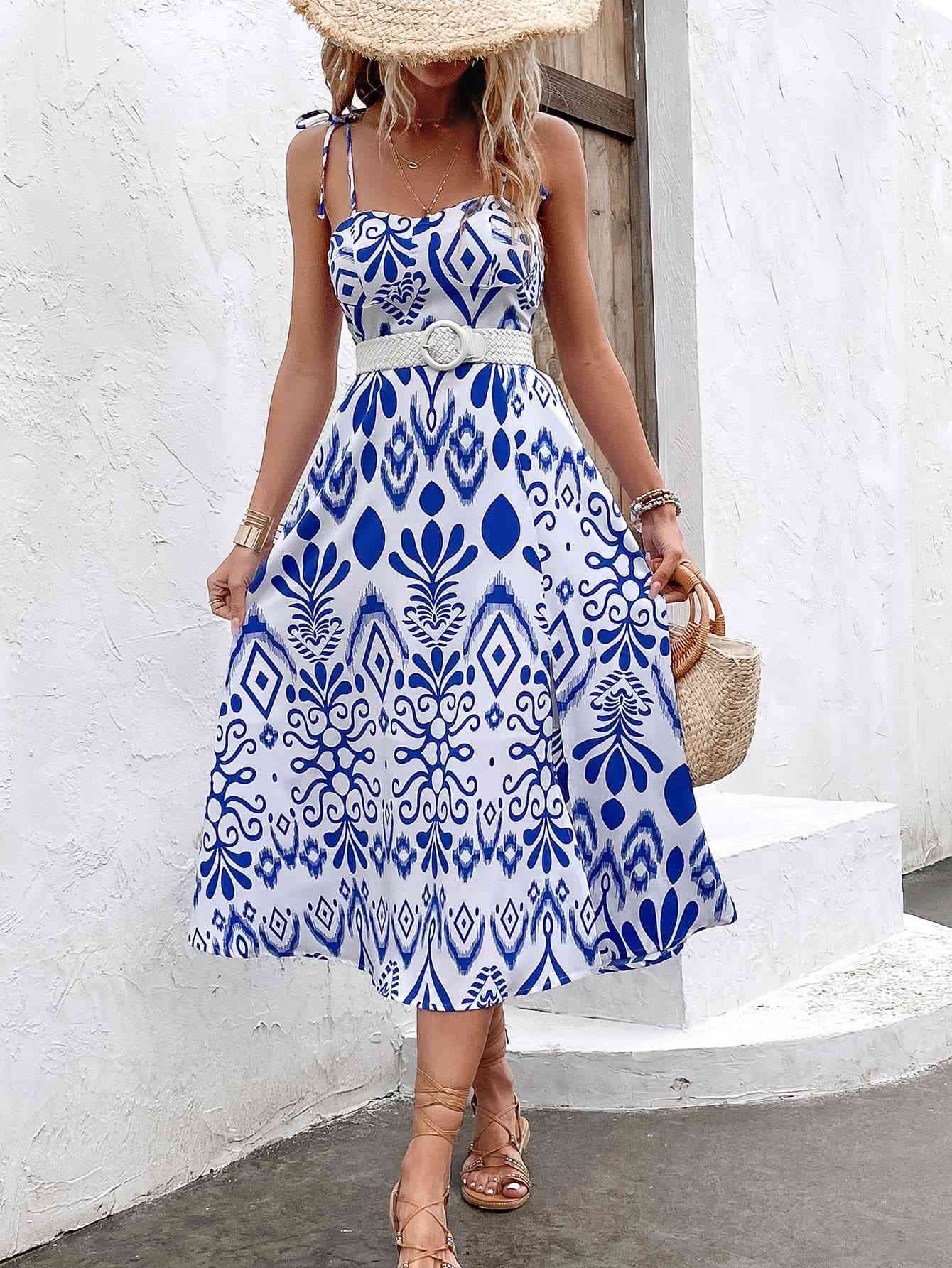 Printed Tie Shoulder Sweetheart Neck Dress