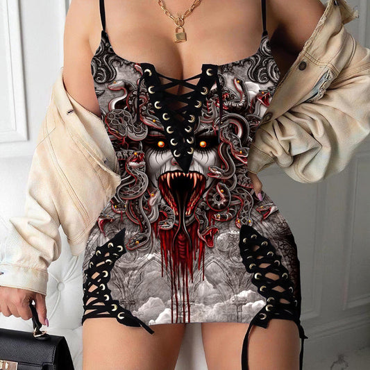 Horror Medusa Printed Sexy V-neck Eyelet Lace-up Suspension Dress