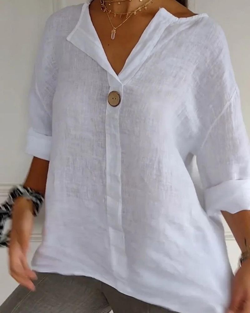 Ivyshape | V-Neck Cotton And Linen Button Top