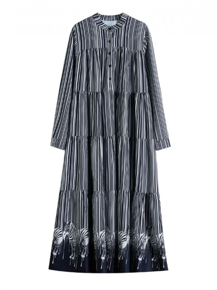 French Style Stripe Zebra Print Long Dress