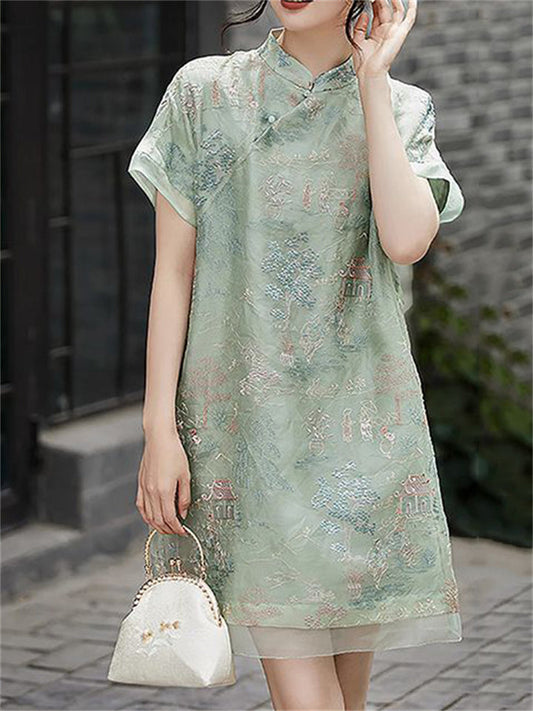 Women's Summer Light Green Embroidery Qipao