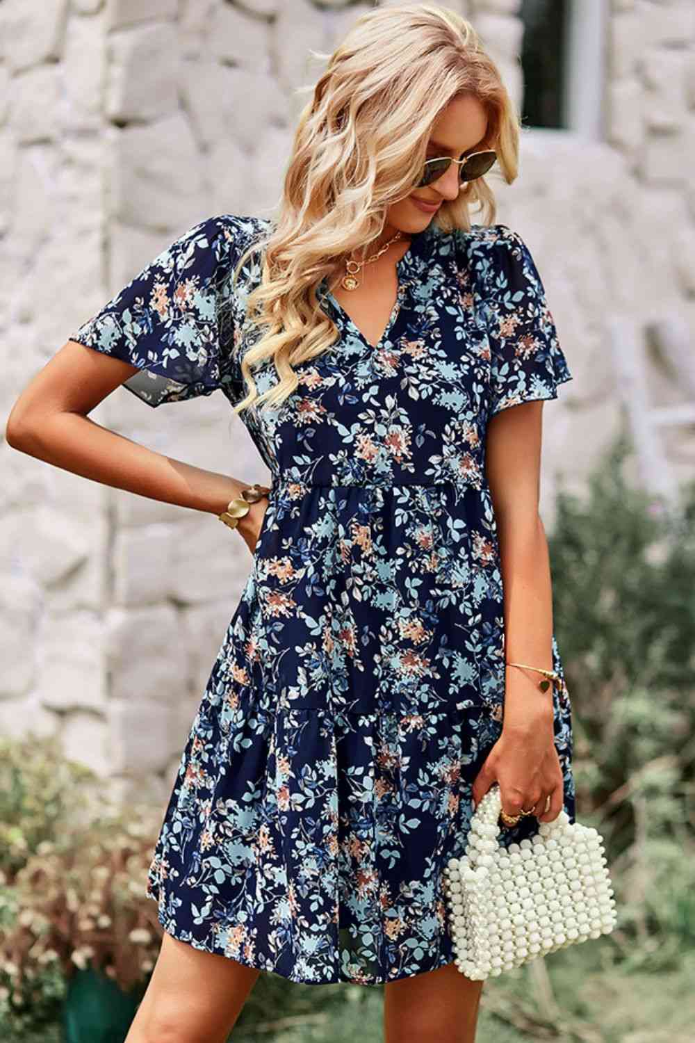 Floral Notched Flutter Sleeve Mini Dress