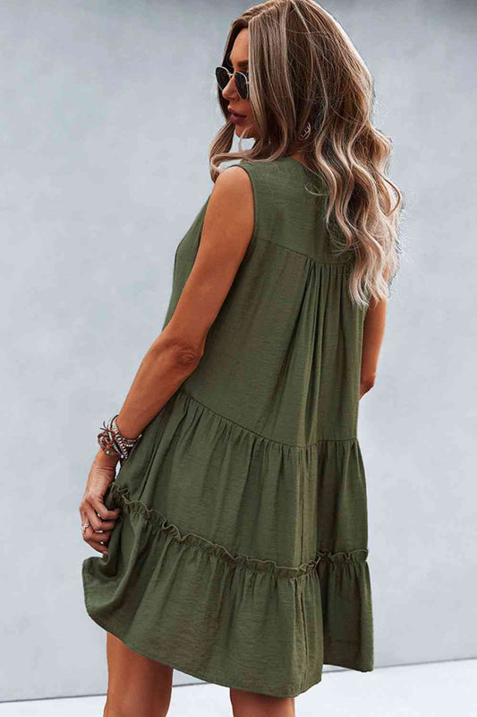 Frill Trim Notched Sleeveless Tiered Dress