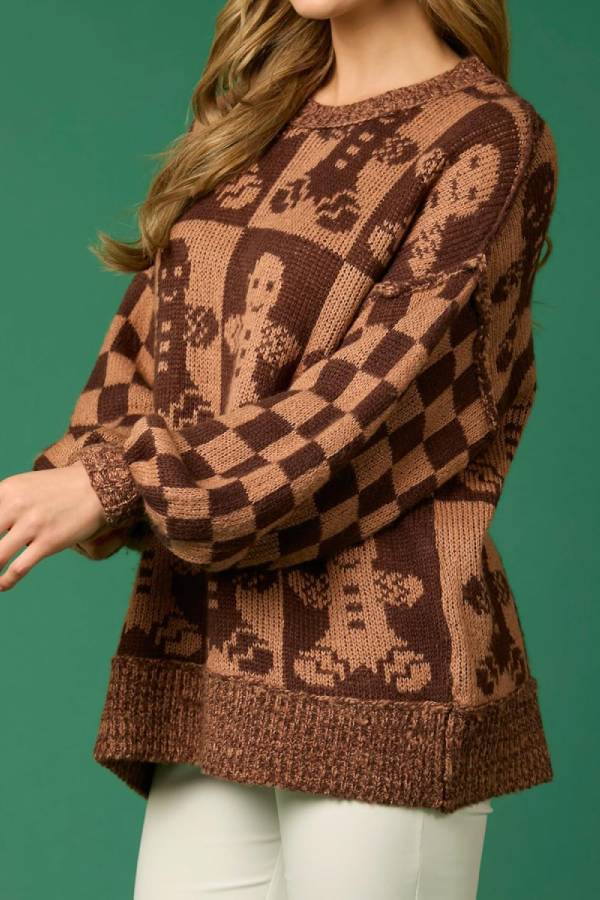 Ivyshape | Gingerbread Man Round Neck Long Sleeve Loose Knit Sweater