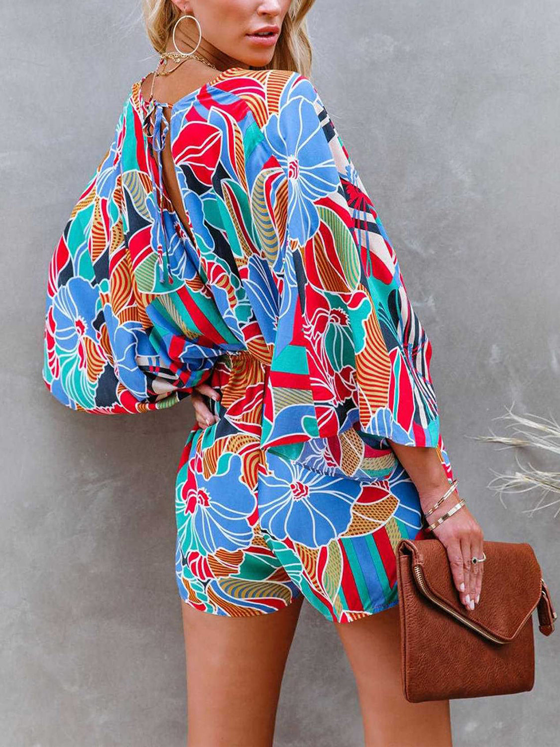 Ivyshape | Tied Printed Kimono Sleeve Romper