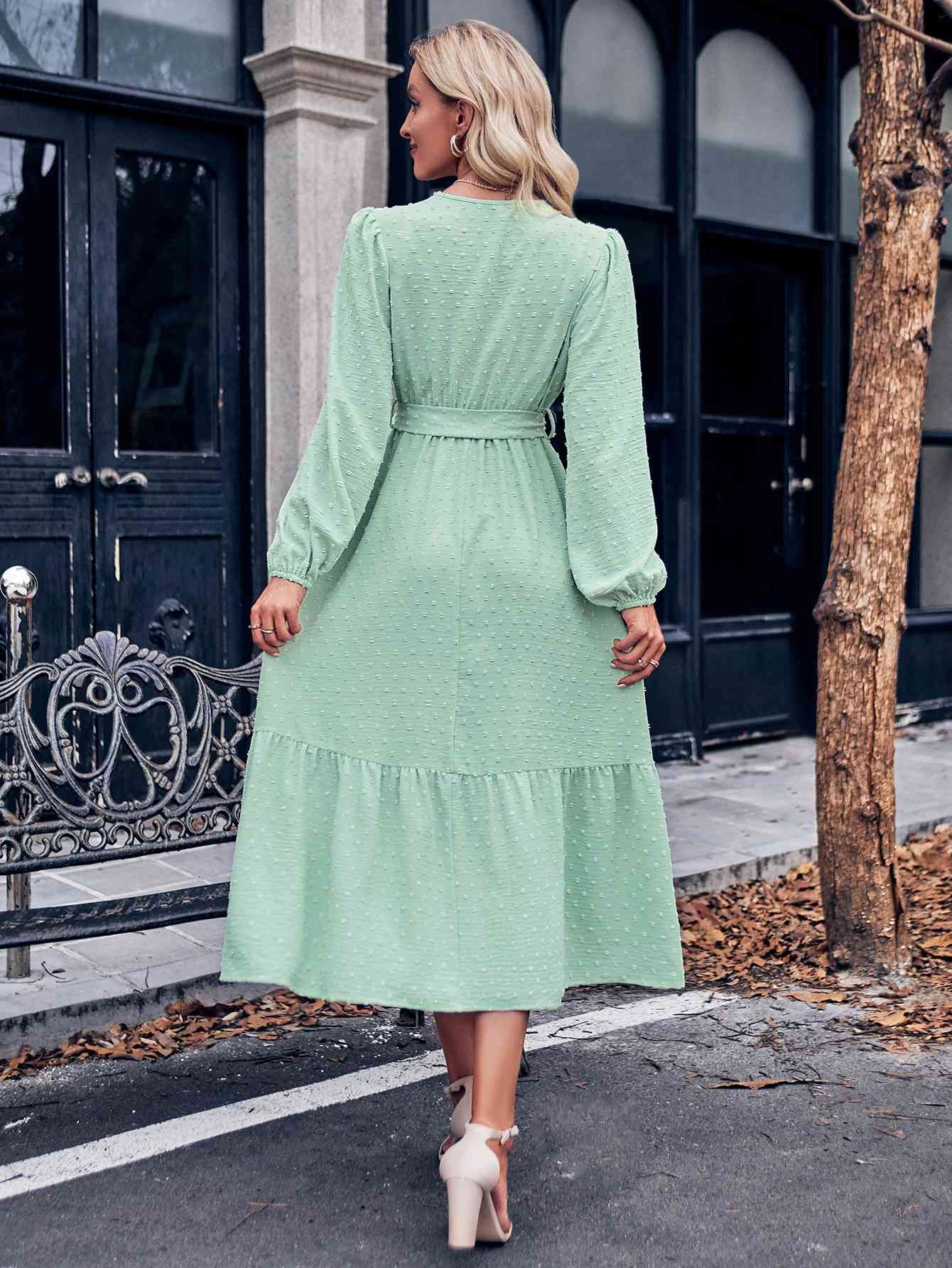 Swiss Dot Belted Surplice Puff Sleeve Midi Dress