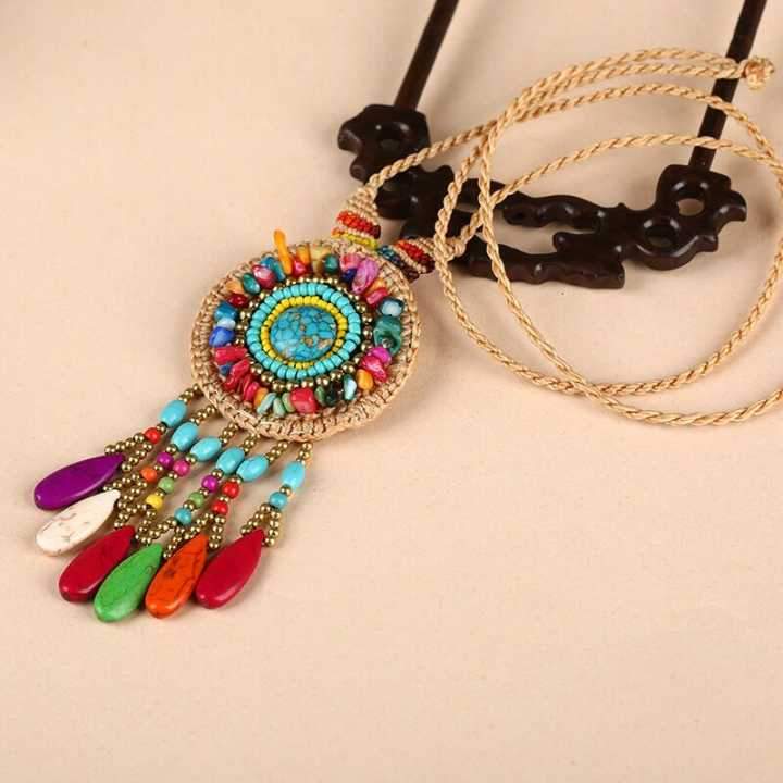 woven Folk Style Tibet Turquoise Spike Long Necklace