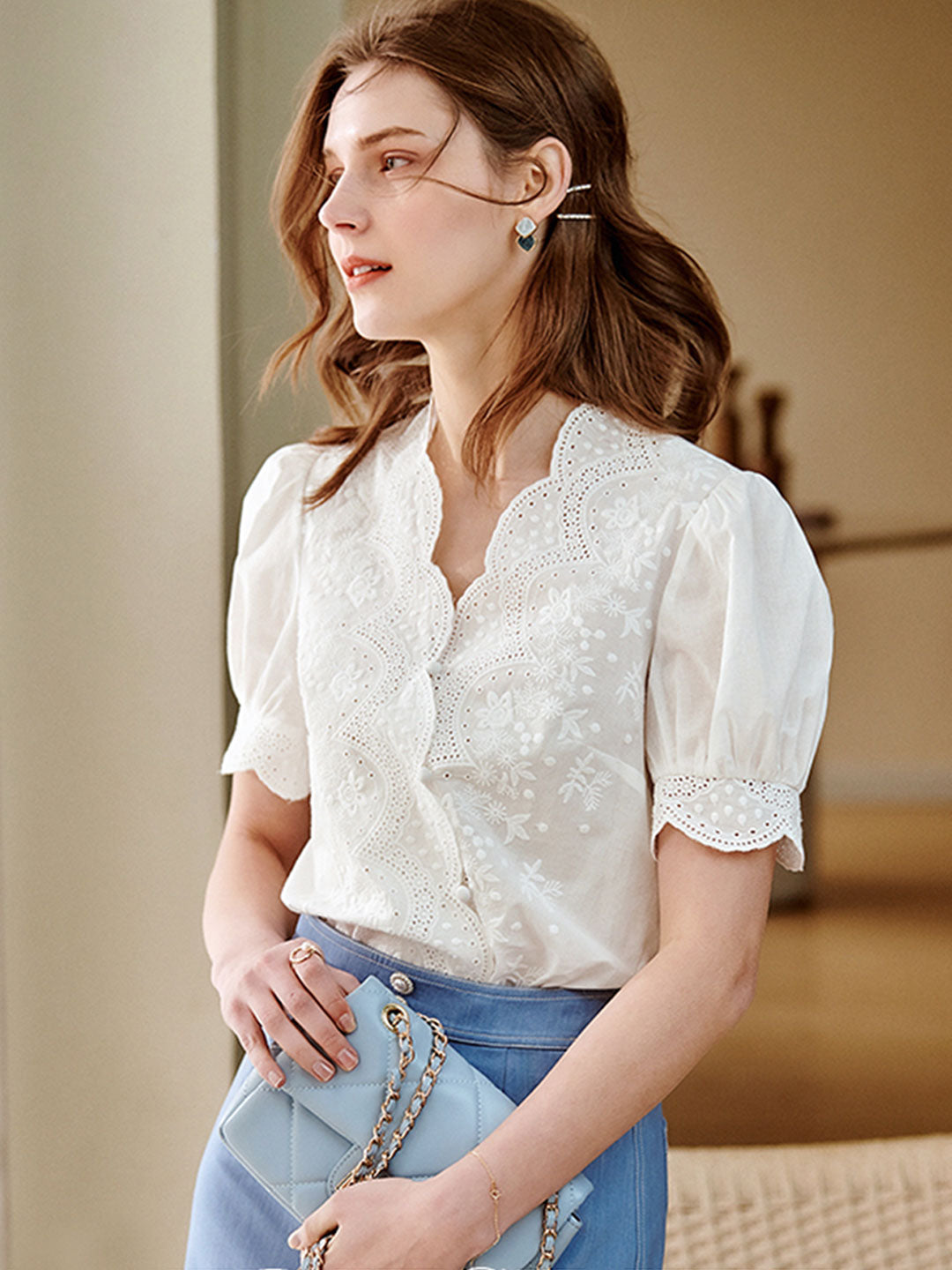 V-neck Embroidered Chiffon Shirt