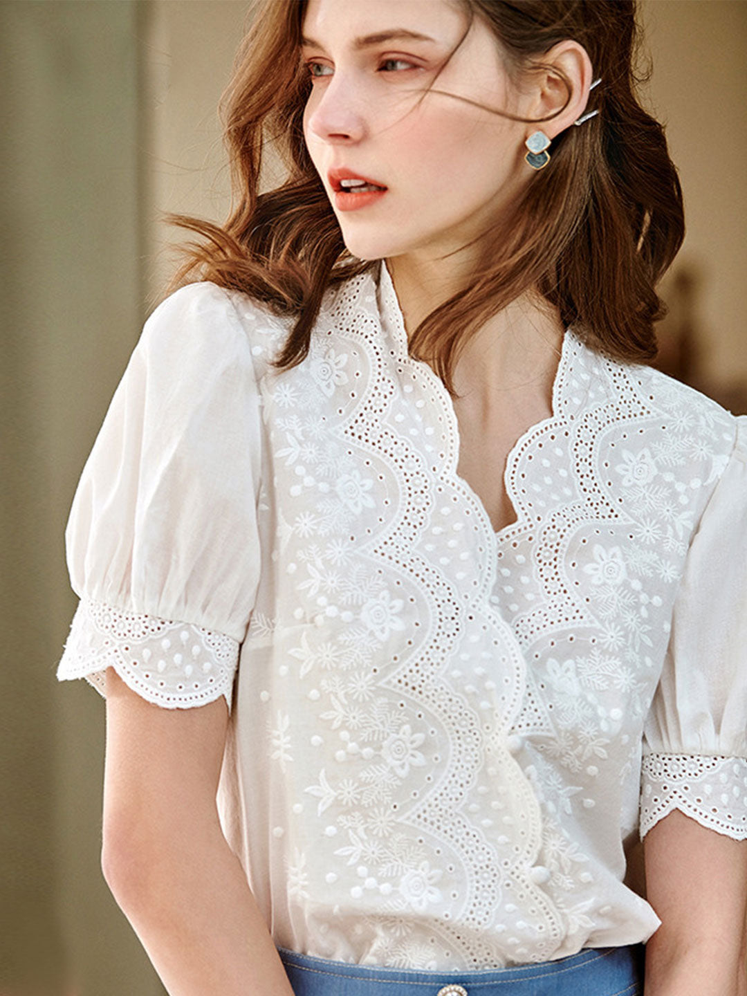 V-neck Embroidered Chiffon Shirt