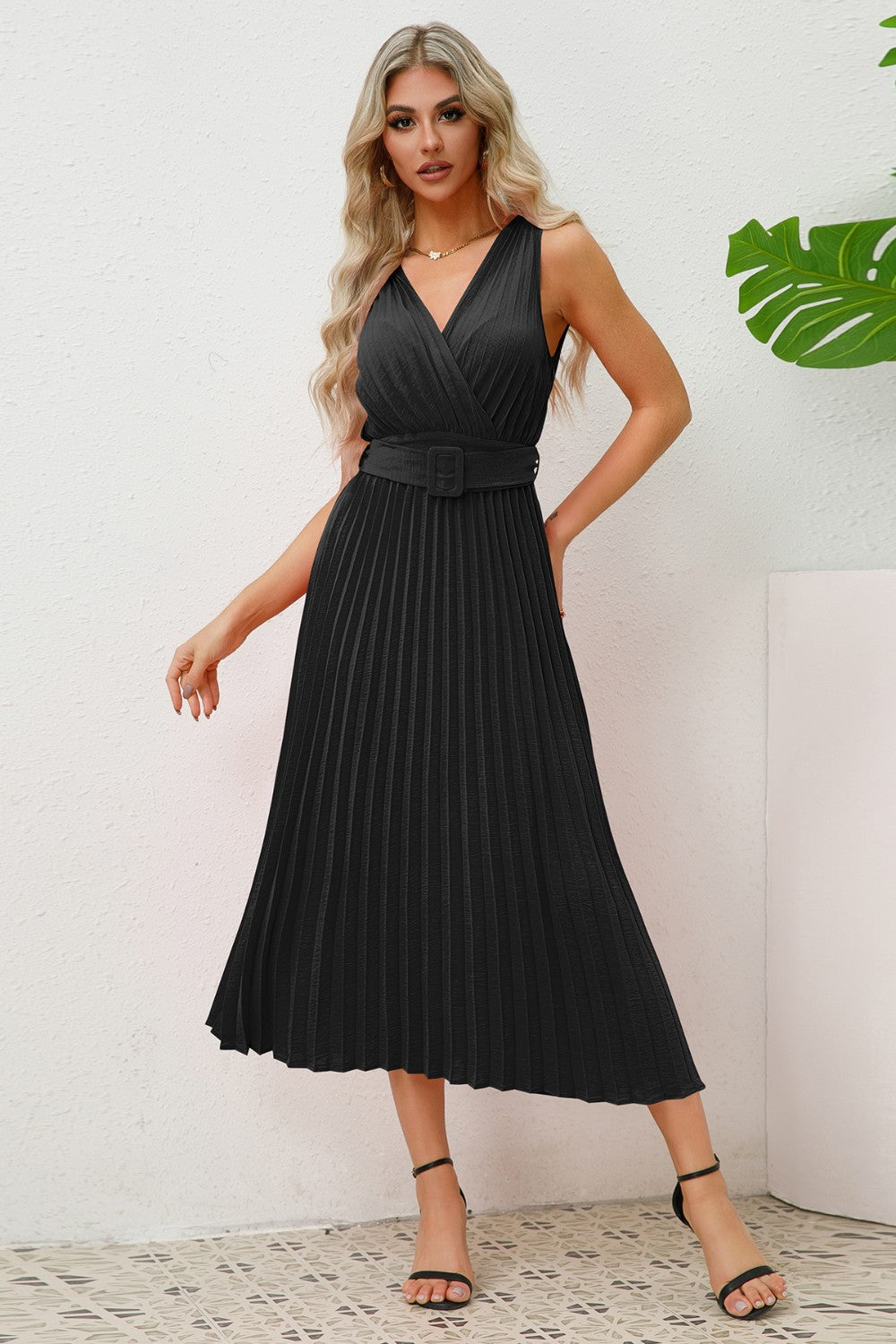 Ivyshape | Surplice Sleeveless Midi Pleated Dress