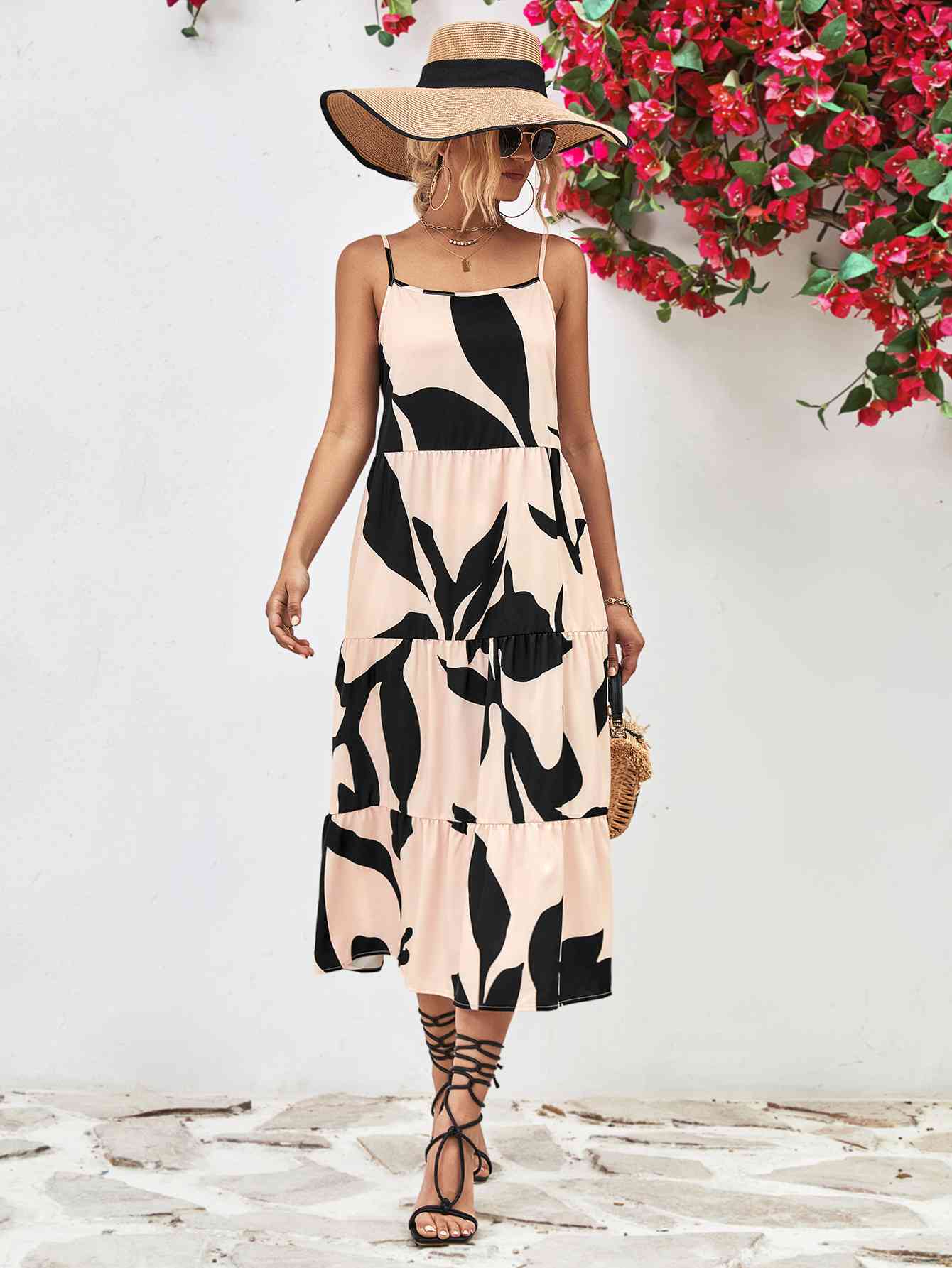 Printed Spaghetti Strap Tiered Midi Dress