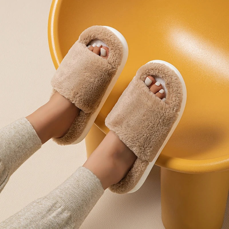 Cozy Fur Peep Toe Slippers for Women