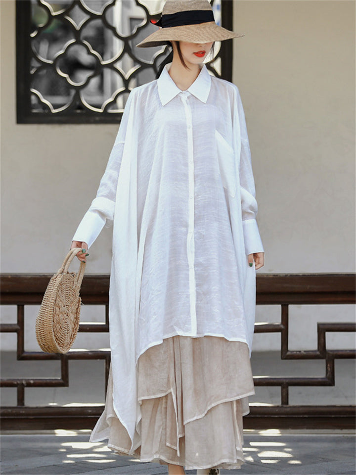 Large Size Bat-shaped White Irregular Shirt for Women