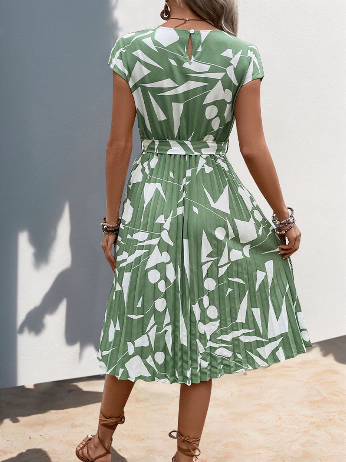 Ivyshape | Tied Pleated Printed Cap Sleeve Dress