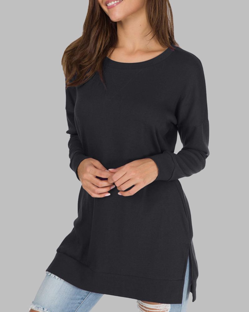 Ivyshape | Long Sleeve Side Slit Loose Top