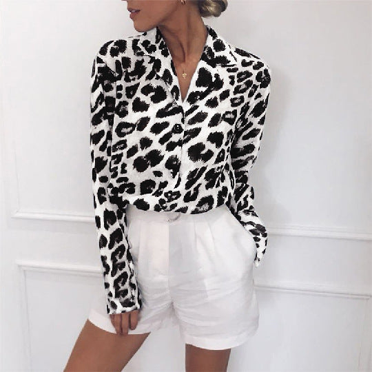 Ivyshape | Stylish Long Sleeve Leopard Print Blouse with Lapel Collar