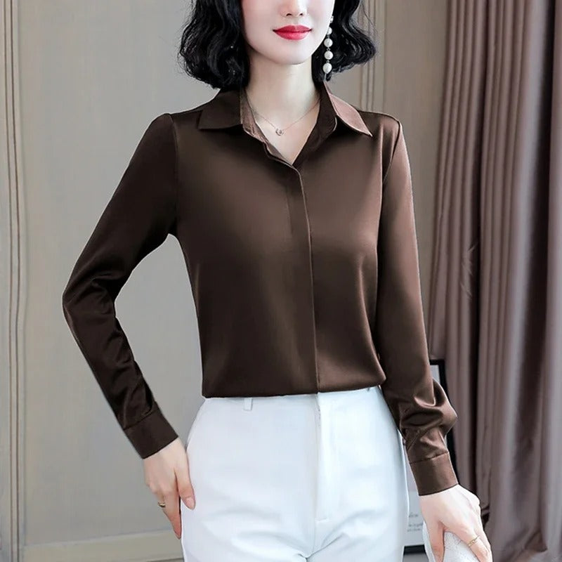 Elegant Satin Long-Sleeve Office Shirt for Women