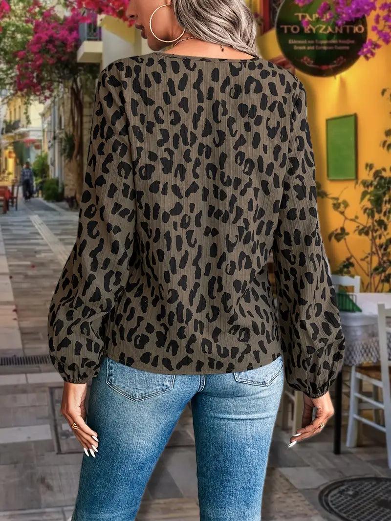 Ivyshape | V-Neck Blouse with Leopard Print for Women