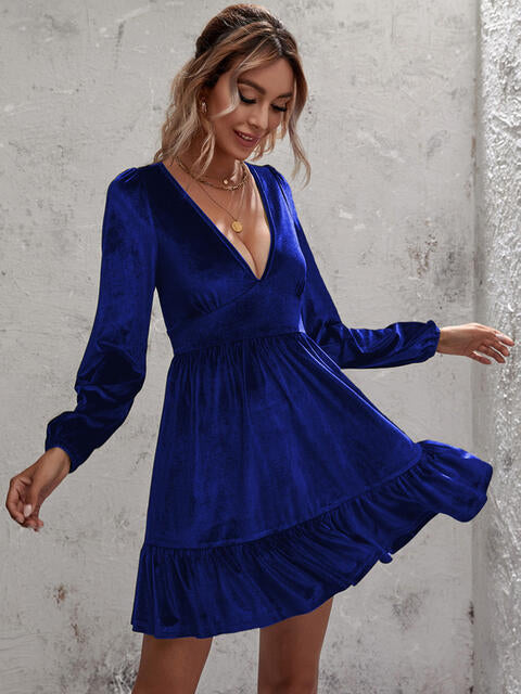 Plunge Long Sleeve Ruffle Hem Dress