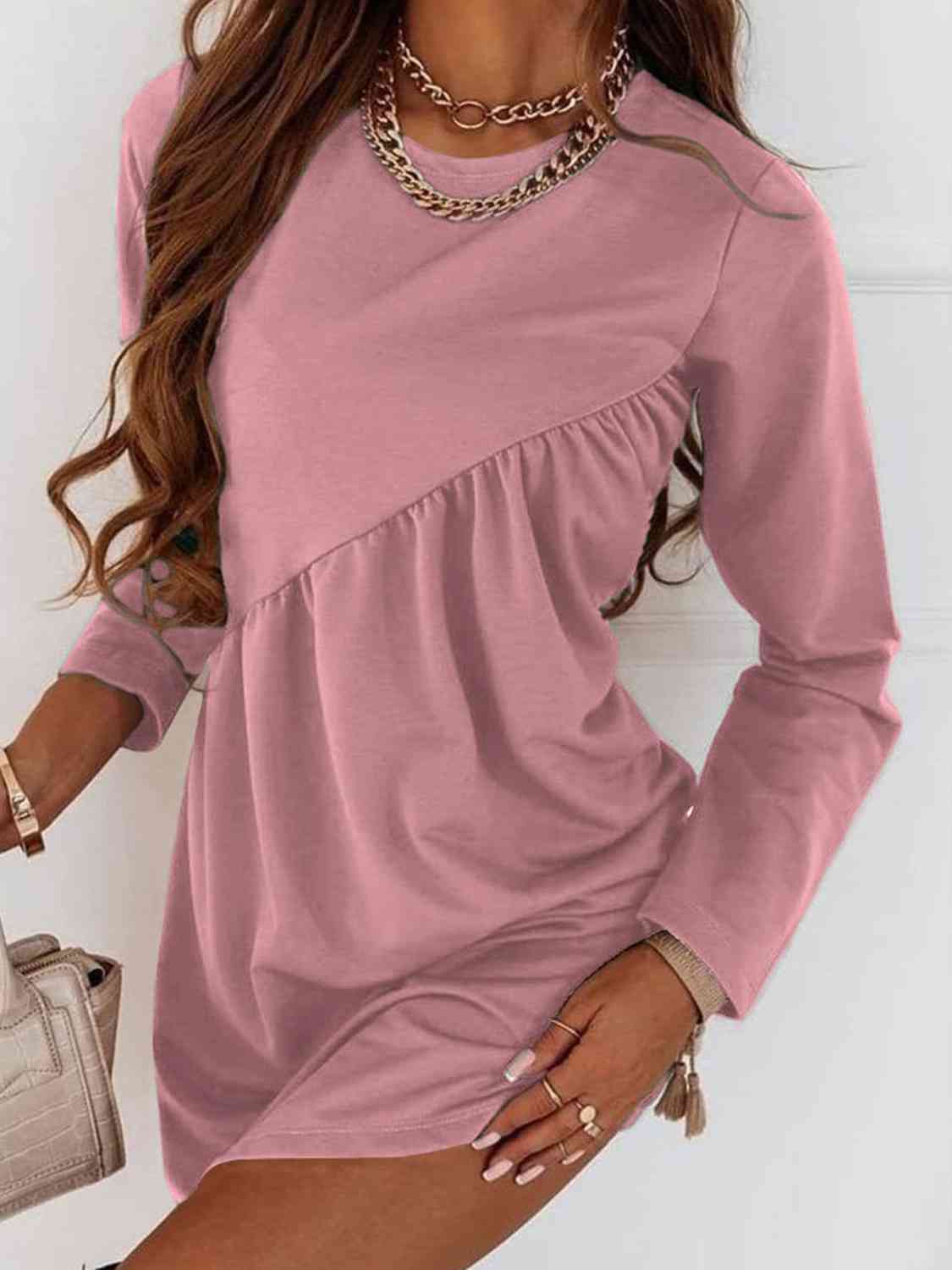 Ruched Round Neck Long Sleeve Dress