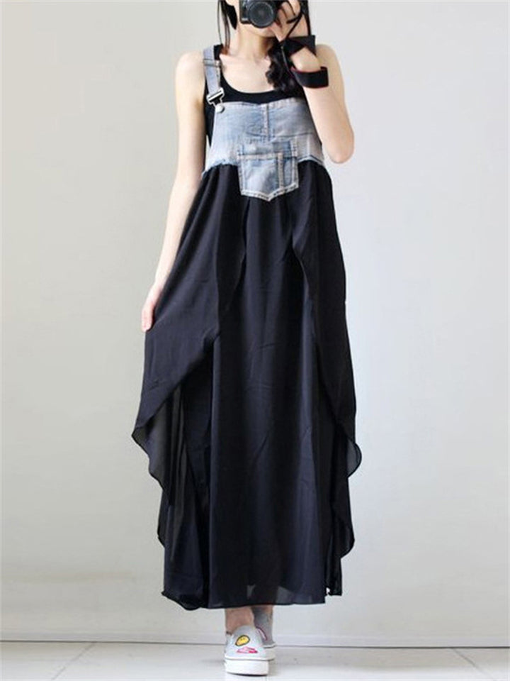 Denim Chiffon Patchwork Overall Dress for Women