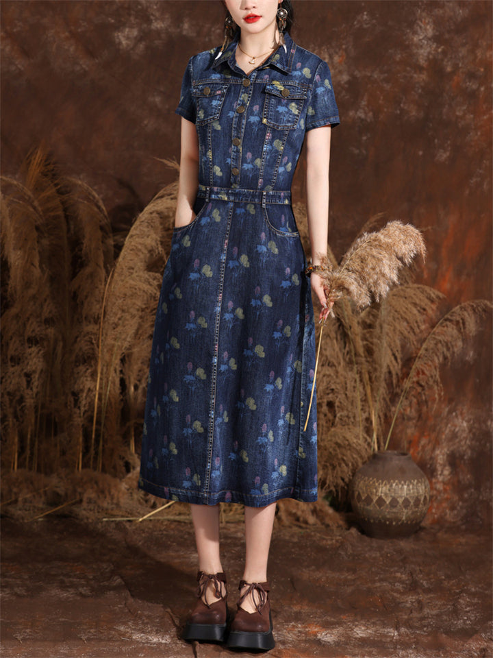 Lady Temperament Printed Lapel Metal Button Denim Dresses