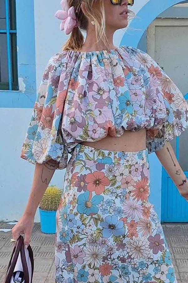 Ivyshape | Floral Print Top & Skirt Two-Piece Set