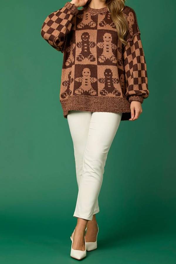 Ivyshape | Gingerbread Man Round Neck Long Sleeve Loose Knit Sweater