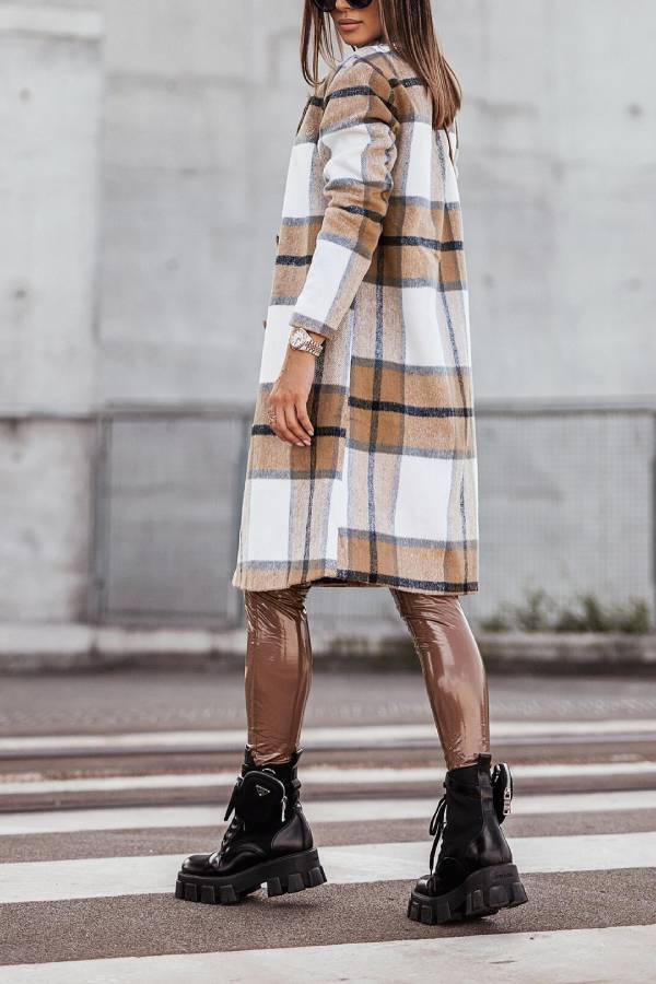 Ivyshape | Mid Length Double Breasted Plaid Print Woolen Coat