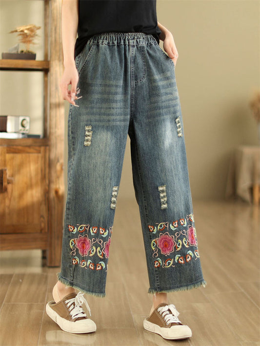 Floral & Graphic Embroidered Raw Hem Jeans for Women