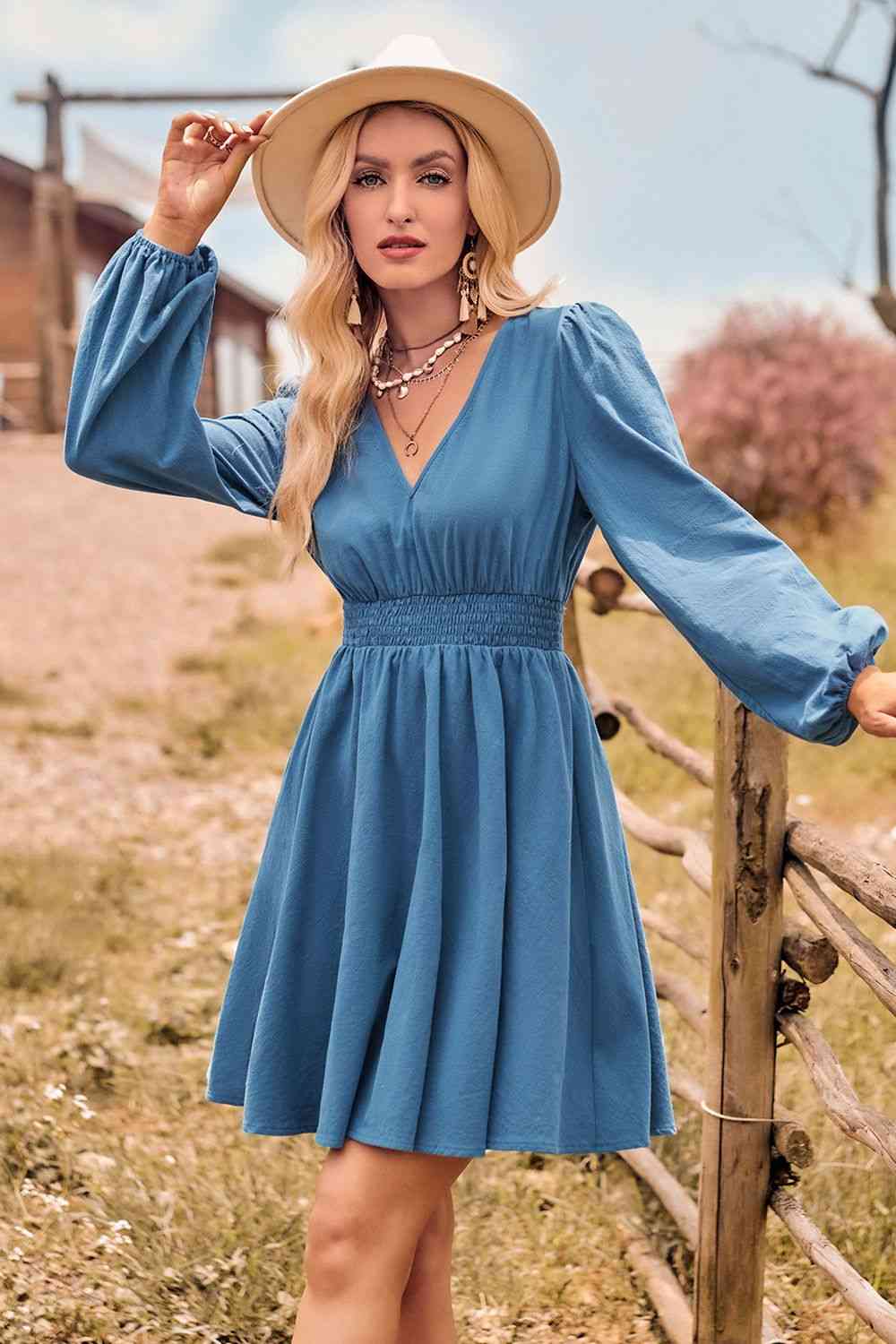 V-Neck Long Sleeve Smocked Waist Mini Dress