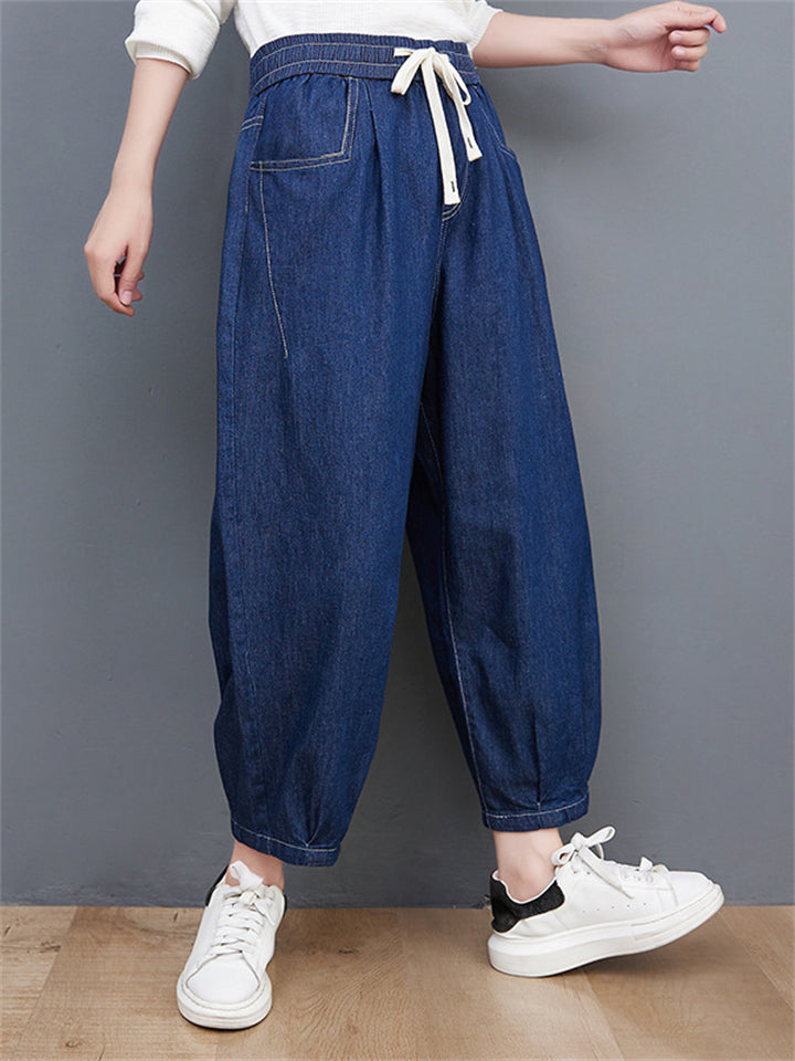 Women's Classic Blue Drawstring Loose Harem Jeans