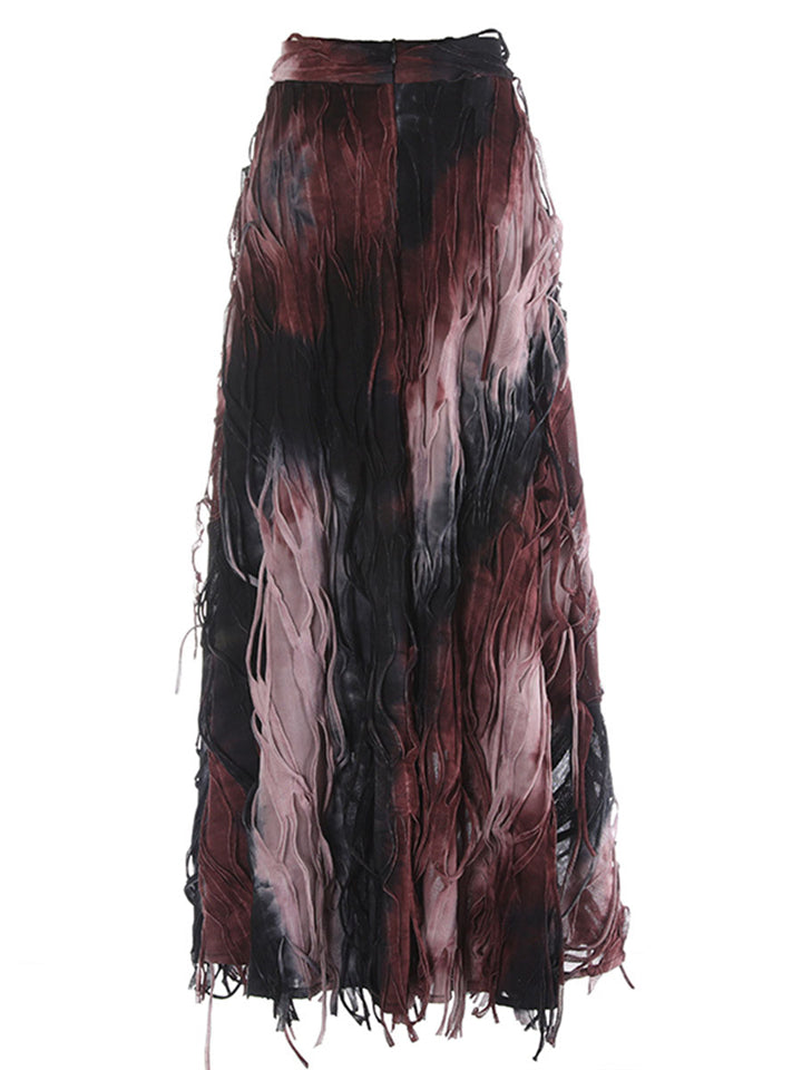 Personality Tie-Dye Tassel High Waist Midi Skirt for Women