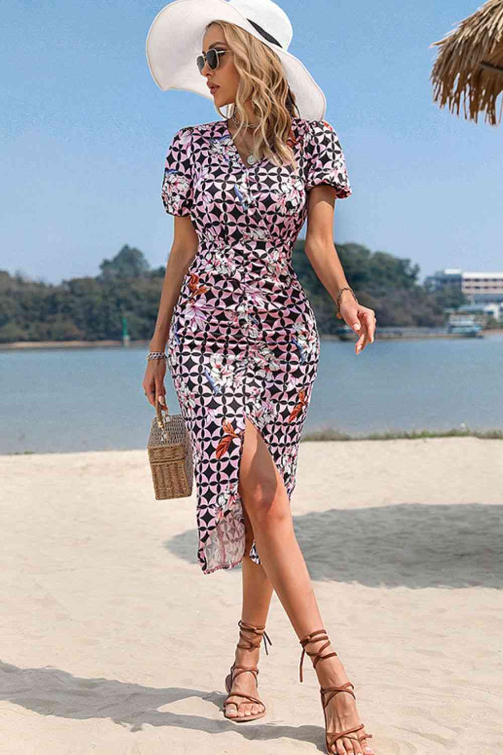 Floral Geometric Surplice Neck Front Slit Dress