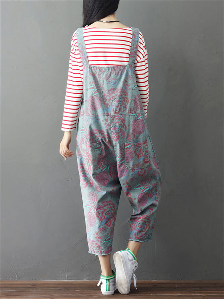 Loose Cotton Linen Printed Jumpsuits