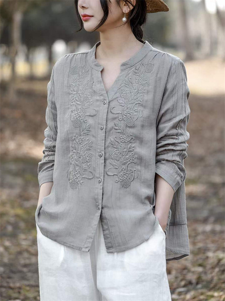 V-Neck Button Up Long Sleeve Embroidery Linen Shirt for Women