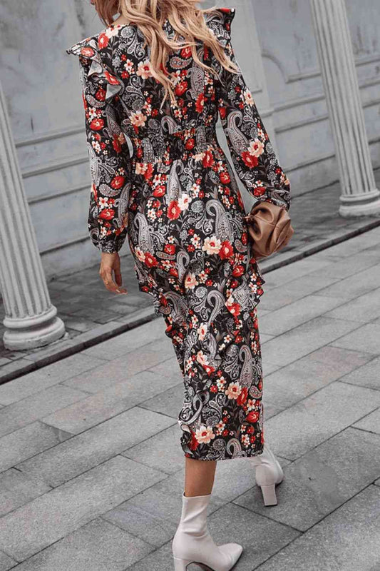 Floral Round Neck Long Sleeve Midi Dress